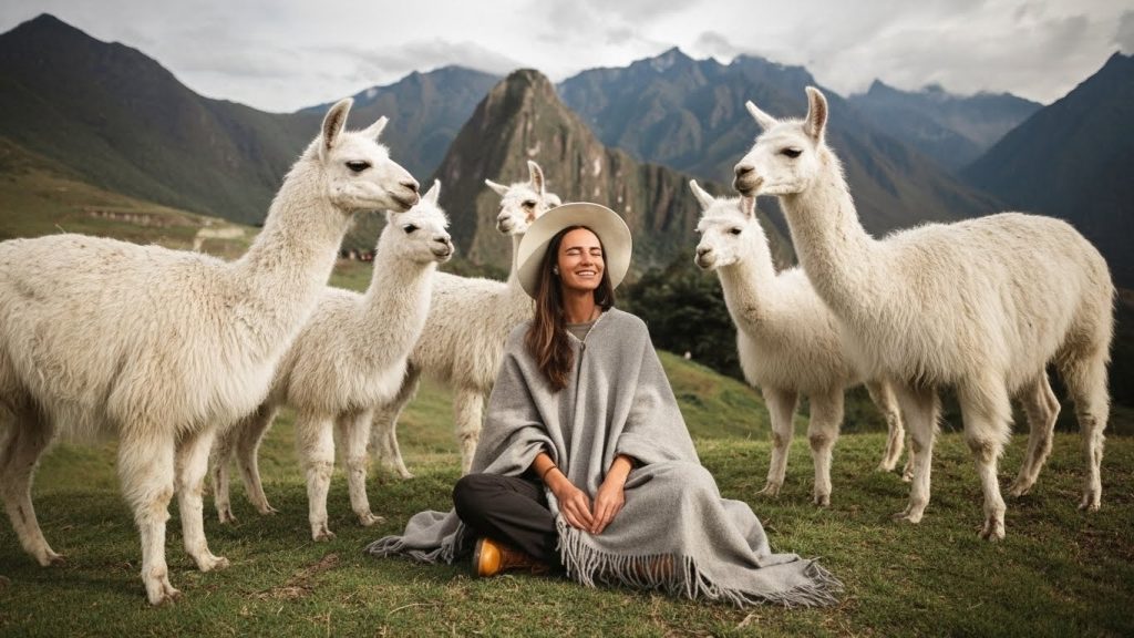 Chica sentada con llamas en cusco